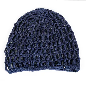 Detail showing dark blue mesh knit pattern and elastic edge on hollow out hair net cap