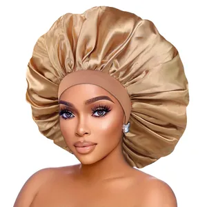 Champagne satin hair bonnet with brown elastic band for hair care, large sleeping cap