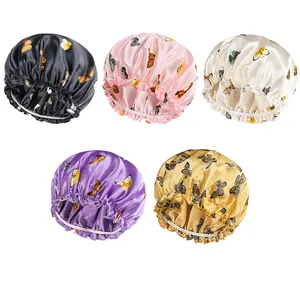 Women Butterfly Print Satin Sleep Bonnet Elastic Wide Band Hair Care Nightcap For Sleeping Beauty Hair Protection Headwear