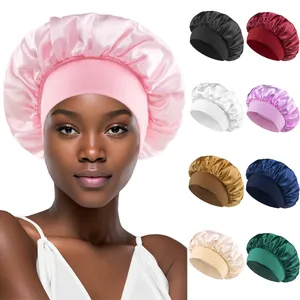 Women Wide Band Elastic Satin Sleep Bonnet Hair Care Night Cap Solid Color Silk Feel Head Wrap Home Bath Bonnet