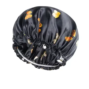Satin sleep bonnet with butterfly print and elastic band for hair protection