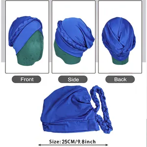 Royal blue braided turban hat for women in front, side and back views, 25cm width