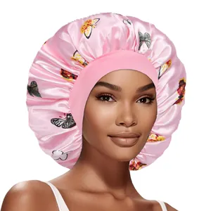 Bonnet de Nuit en Satin Imprimé Papillon Léopard Soin des Cheveux Avec Large Bande Élastique Respirant Couvre-chef de Nuit pour Cheveux Bouclés
