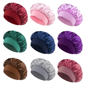 Elastic wide-band satin sleep caps for hair care shown in nine different color options