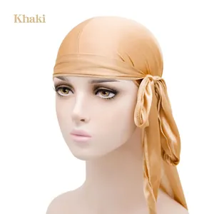 Silky khaki durag with long tail for men and women, featuring a smooth satin finish