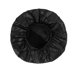 Black satin hair bonnet with wide elastic band for sleeping and beauty hair care