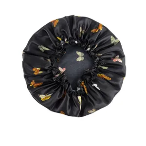 Black silk satin hair bonnet with colorful butterfly print and elastic soft band