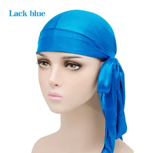 Lake blue silky durag with long tail straps for hair styling and streetwear fashion