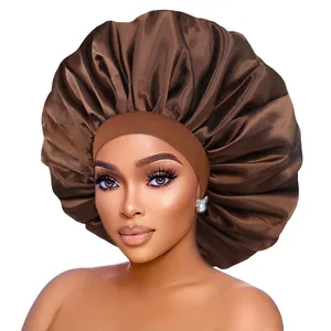 Detail of a brown satin sleep bonnet showing smooth texture and elastic headband