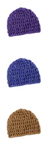 Detailed knit mesh pattern on hollow out beanies in purple, blue and brown