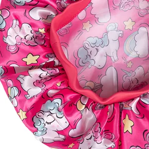 Rose red satin sleep cap for toddlers featuring cute unicorn and rainbow cartoon prints