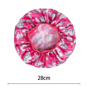 Kids satin bonnet in hot pink with unicorn print, 28cm elastic shower cap for hair care