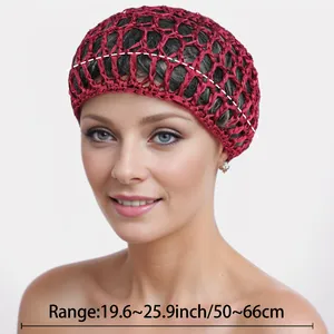 Red knit mesh snood hair net with elastic hollow design for 19.6-25.9 inch head sizes