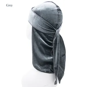 Detail of grey velvet kids durag showing soft fabric texture and long tail on a mannequin