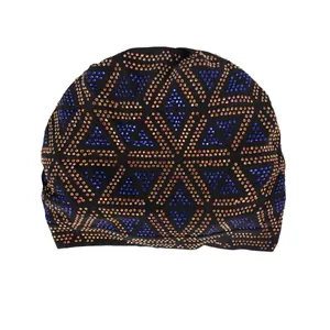 Turbant noir extensible pour femme avec motifs géométriques en strass bleus et orange