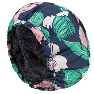 Bonnet de douche imperméable à imprimé feuilles tropicales et doublure polaire grise