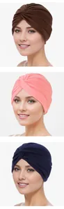Three-color collage showing women's cross-front turban hats in brown, pink, and navy blue