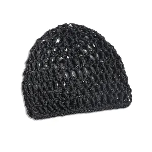 Black knit mesh hairnet beanie with a flexible hollow-out crochet design for women