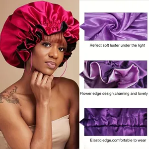 Dual-layer satin sleep bonnet with elastic ruffled edge in burgundy and purple colors
