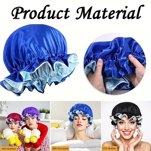 Elastic satin sleep cap with ruffled edges in navy, black, burgundy and purple colors