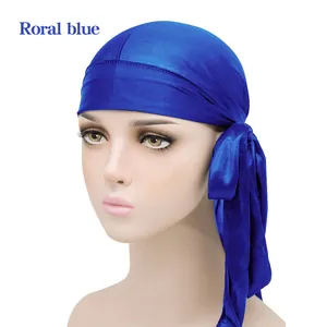 Royal blue silky satin durag with long tail for hair waves and headwrap styling