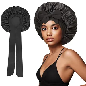 Bonnet de Nuit en Satin pour Femme Avec Long Ruban et Grand Nœud Bonnet en Polyester Doux pour le Soin des Cheveux et Sommeil