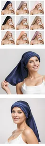 Collage of long satin hair bonnets in nine colors with elastic edges for night care