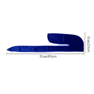 Kids navy velvet durag with long tail and dimensions of 85cm by 20cm shown on white