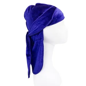 Classic dark blue velvet durag cap for children with long straps on a mannequin head