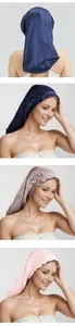 Detailed view of elastic satin sleep bonnets for long hair in navy, champagne and pink