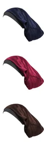 Detailed view of long satin sleep caps in navy blue, wine red, and coffee brown colors