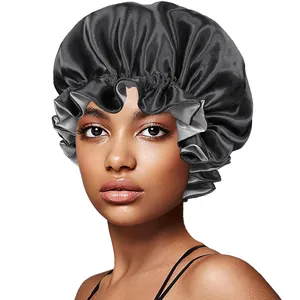 Double-layer satin sleep cap for hair care with black and gray reversible design