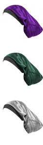 Detailed set of three satin long tail bonnets in purple, dark green, and silver grey