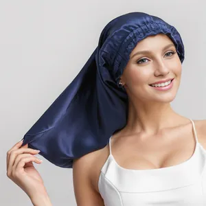Satin Bonnet Sleep Cap For Women Long Hair Care Night Cap With Elastic Band Solid Color Adjustable Soft Headwear Bonnet