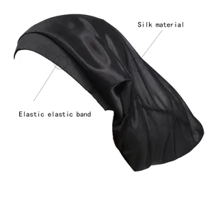 Long silk sleep bonnet for men with elastic wide band for hair protection in black color