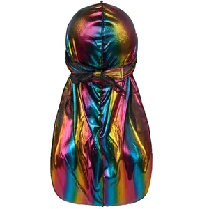 Durag métallique arc-en-ciel brillant pour hommes longue queue chapeau pirate mode