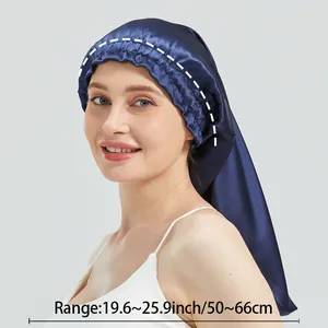 Dark blue satin silk sleep bonnet for hair care with elastic band fits 19.6-25.9 inches