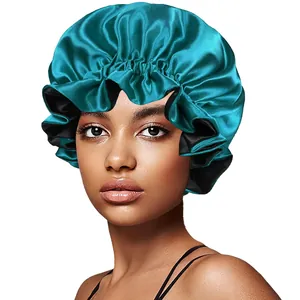 Close-up of double-layered turquoise satin hair bonnet with elastic ruffled edge