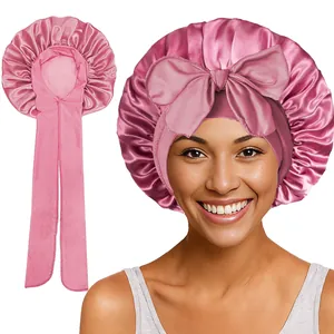 Ensemble de bonnets de nuit en satin rose avec long ruban et grand nœud pour cheveux