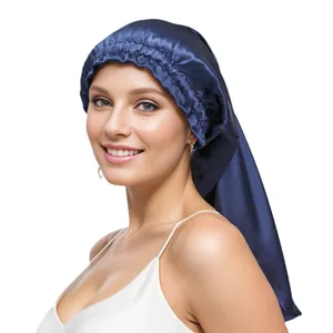 Elastic satin bonnet for long hair in navy blue silk-like fabric for sleep and hair care