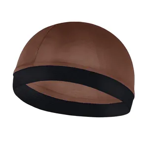 Close-up of tan breathable mesh dome cap with black elastic band for hair styling