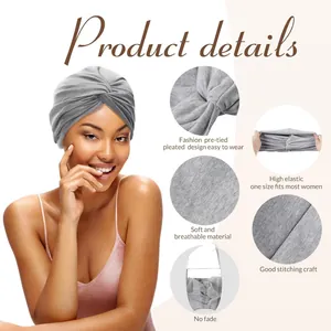 Grey elastic knotted turban for women with breathable pleated fabric details and stretch fit