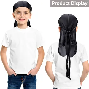 Black silky durag for kids featuring long tail and high elasticity with front and back view