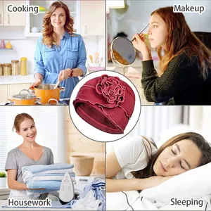 Detail of wine red turban cap with flower decoration shown in various home activities