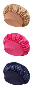 Detailed view of elastic wide band satin sleep caps with rhinestone embellishments