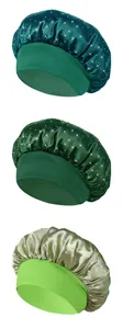 Detailed view of elastic wide band satin sleep caps with sparkling rhinestone accents