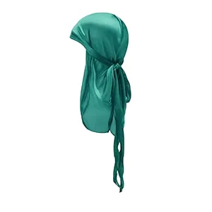 Detailed view of teal silky durag with long ties and a lustrous satin finish for kids