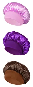 Detailed trio view of satin bonnets in pink, purple, and brown with rhinestone accents
