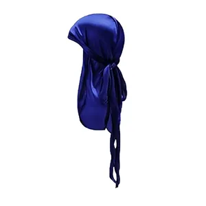 Detailed view of dark blue silky satin durag showing smooth texture and long tail ties