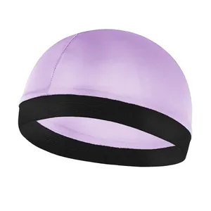 Detail of light purple wave dome cap with a black elastic wide band and fine fabric texture
